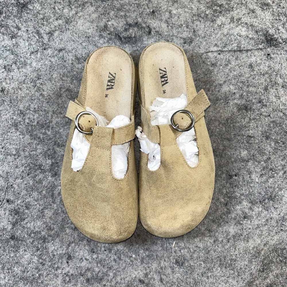 ZARA Kids Beige Suede Slip-On Clogs size 36/4 Leather Sliver Strap